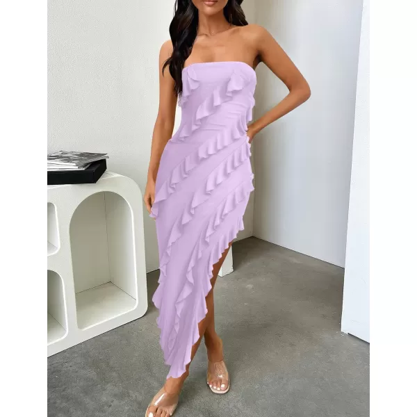 ZESICA Womens 2024 Strapless Bodycon Dress Sexy Off Shoulder Mesh Tassel Ruffle Side Split Tube Party Maxi DressesPurple
