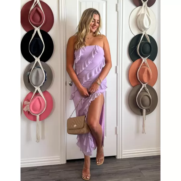 ZESICA Womens 2024 Strapless Bodycon Dress Sexy Off Shoulder Mesh Tassel Ruffle Side Split Tube Party Maxi DressesPurple