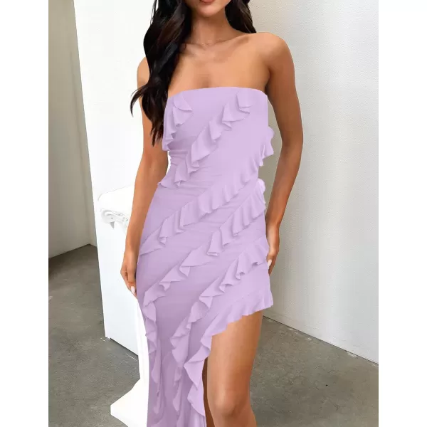 ZESICA Womens 2024 Strapless Bodycon Dress Sexy Off Shoulder Mesh Tassel Ruffle Side Split Tube Party Maxi DressesPurple