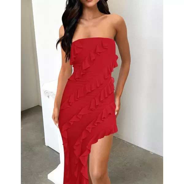 ZESICA Womens 2024 Strapless Bodycon Dress Sexy Off Shoulder Mesh Tassel Ruffle Side Split Tube Party Maxi DressesRed