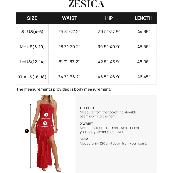 ZESICA Womens 2024 Strapless Bodycon Dress Sexy Off Shoulder Mesh Tassel Ruffle Side Split Tube Party Maxi DressesRed