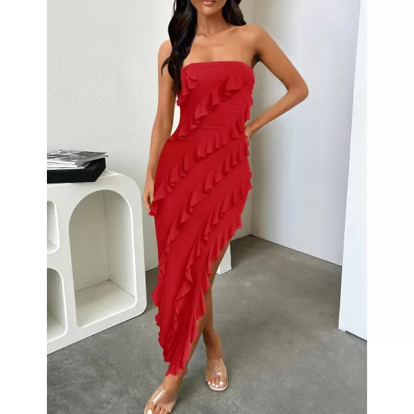 ZESICA Womens 2024 Strapless Bodycon Dress Sexy Off Shoulder Mesh Tassel Ruffle Side Split Tube Party Maxi DressesRed