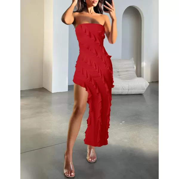ZESICA Womens 2024 Strapless Bodycon Dress Sexy Off Shoulder Mesh Tassel Ruffle Side Split Tube Party Maxi DressesRed