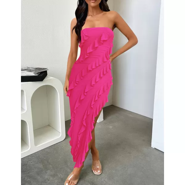 ZESICA Womens 2024 Strapless Bodycon Dress Sexy Off Shoulder Mesh Tassel Ruffle Side Split Tube Party Maxi DressesRose