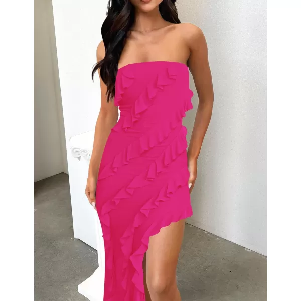 ZESICA Womens 2024 Strapless Bodycon Dress Sexy Off Shoulder Mesh Tassel Ruffle Side Split Tube Party Maxi DressesRose