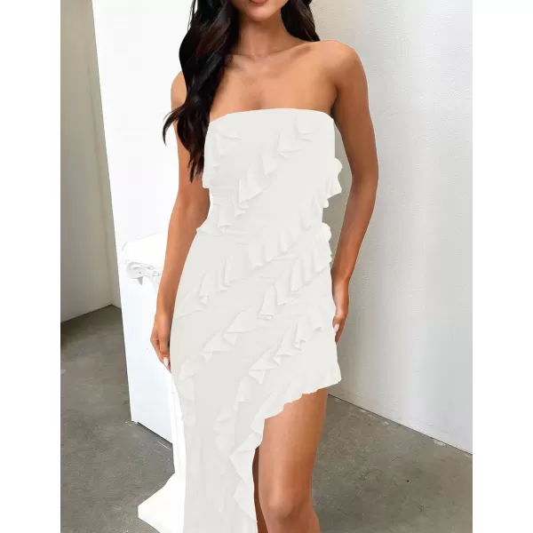 ZESICA Womens 2024 Strapless Bodycon Dress Sexy Off Shoulder Mesh Tassel Ruffle Side Split Tube Party Maxi DressesWhite