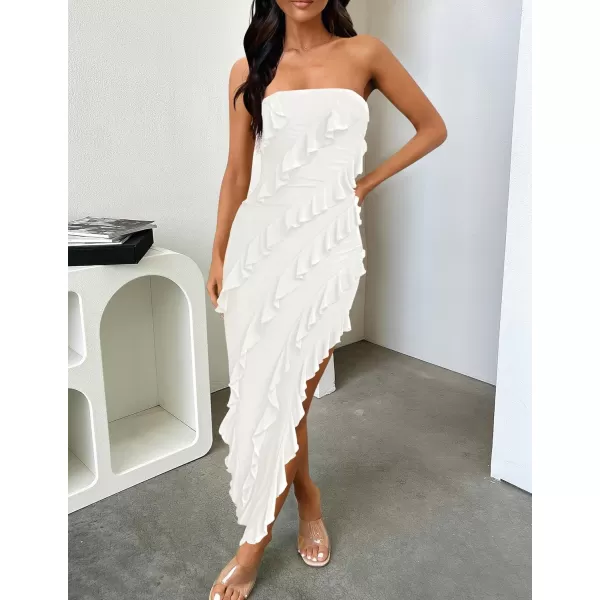ZESICA Womens 2024 Strapless Bodycon Dress Sexy Off Shoulder Mesh Tassel Ruffle Side Split Tube Party Maxi DressesWhite