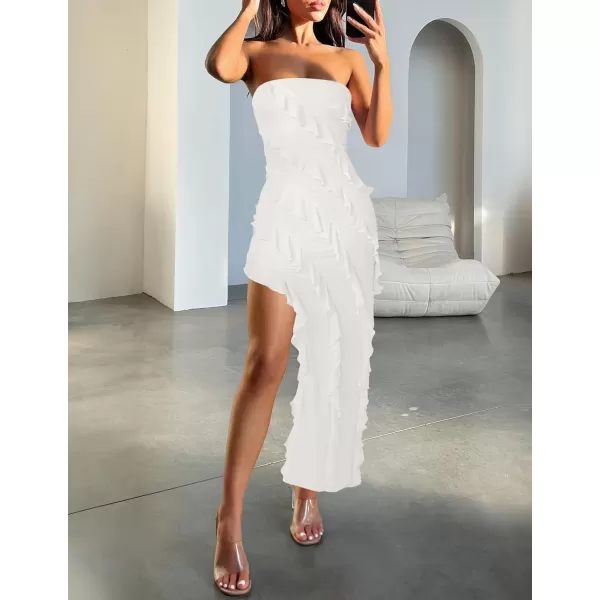 ZESICA Womens 2024 Strapless Bodycon Dress Sexy Off Shoulder Mesh Tassel Ruffle Side Split Tube Party Maxi DressesWhite