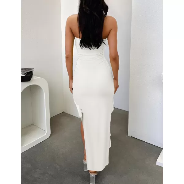ZESICA Womens 2024 Strapless Bodycon Dress Sexy Off Shoulder Mesh Tassel Ruffle Side Split Tube Party Maxi DressesWhite
