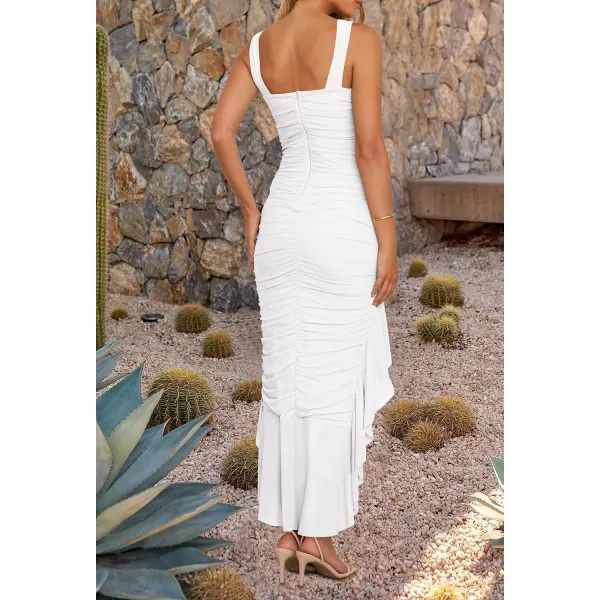ZESICA Womens 2024 Summer Ruched Bodycon Dress Sleeveless Backless Ruffle Mermaid Cocktail Wedding Party DressesWhite