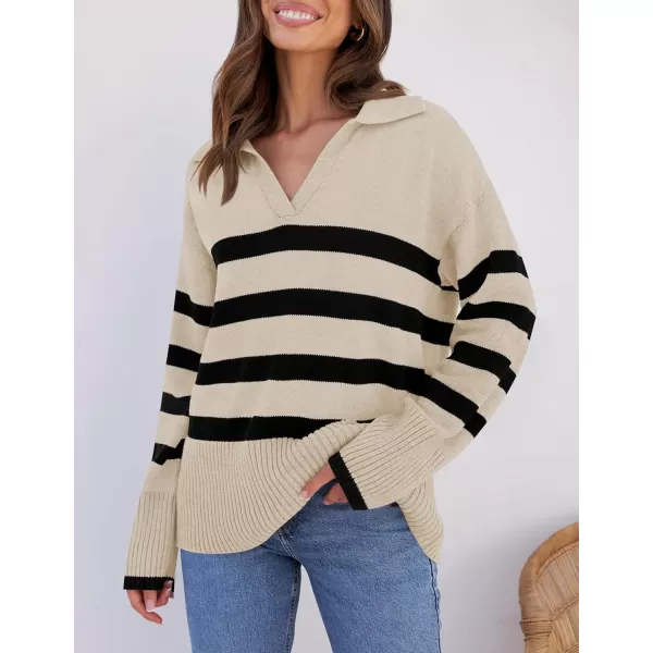 ZESICA Womens 2024 Winter Sweaters Lapel V Neck Long Sleeve Striped Chunky Knit Oversized Pullover Sweater Jumper TopsApricot