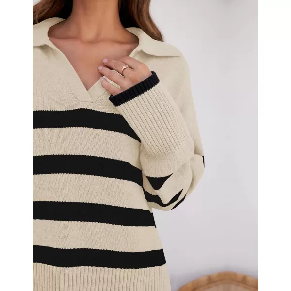 ZESICA Womens 2024 Winter Sweaters Lapel V Neck Long Sleeve Striped Chunky Knit Oversized Pullover Sweater Jumper TopsApricot