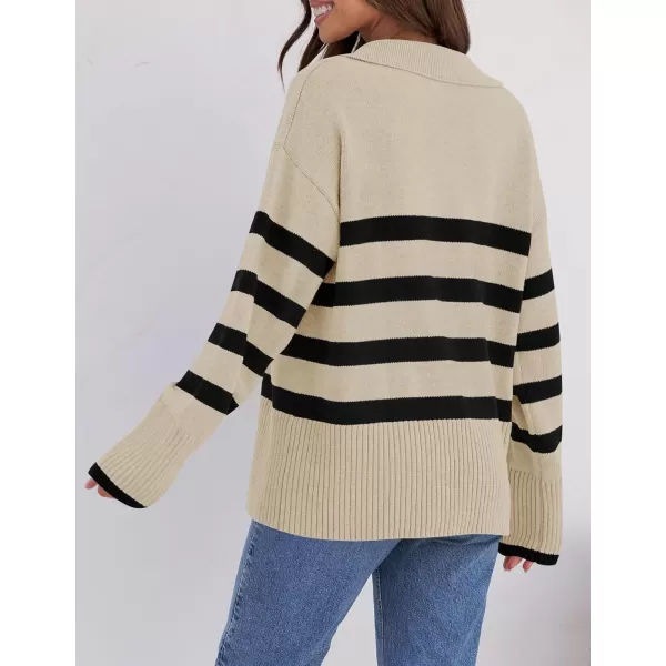 ZESICA Womens 2024 Winter Sweaters Lapel V Neck Long Sleeve Striped Chunky Knit Oversized Pullover Sweater Jumper TopsApricot