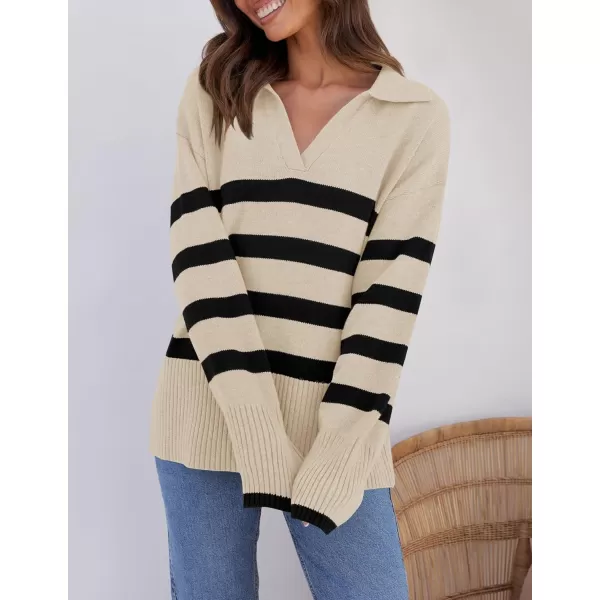 ZESICA Womens 2024 Winter Sweaters Lapel V Neck Long Sleeve Striped Chunky Knit Oversized Pullover Sweater Jumper TopsApricot