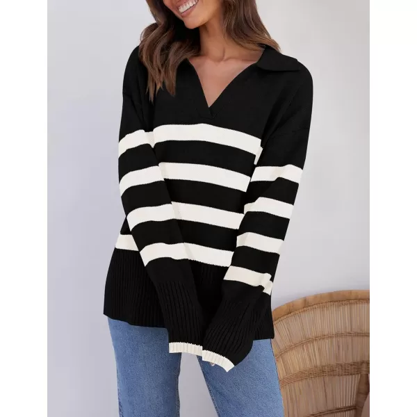 ZESICA Womens 2024 Winter Sweaters Lapel V Neck Long Sleeve Striped Chunky Knit Oversized Pullover Sweater Jumper TopsBlack