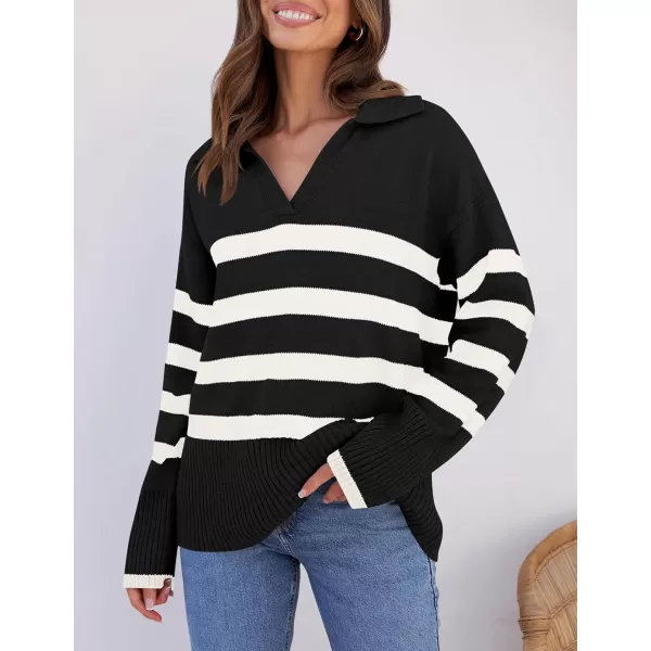 ZESICA Womens 2024 Winter Sweaters Lapel V Neck Long Sleeve Striped Chunky Knit Oversized Pullover Sweater Jumper TopsBlack