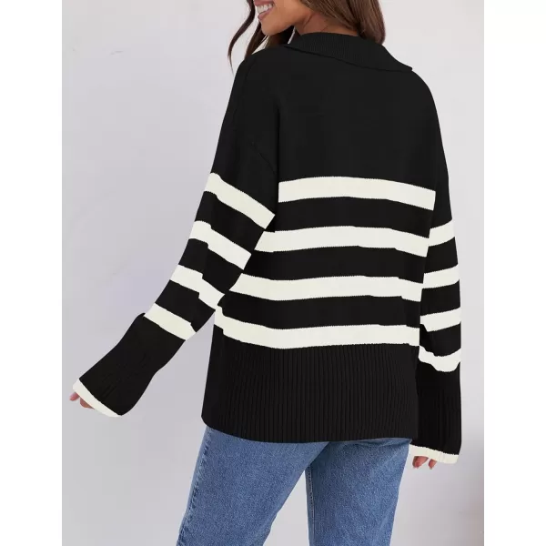 ZESICA Womens 2024 Winter Sweaters Lapel V Neck Long Sleeve Striped Chunky Knit Oversized Pullover Sweater Jumper TopsBlack