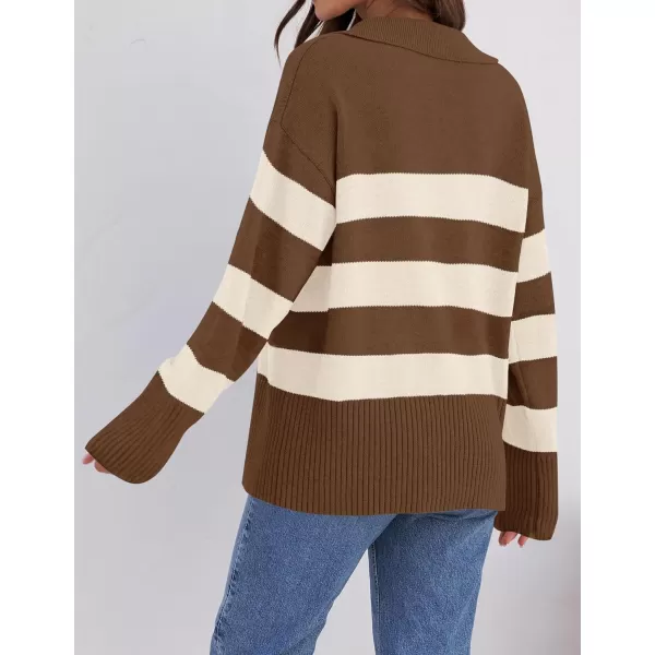 ZESICA Womens 2024 Winter Sweaters Lapel V Neck Long Sleeve Striped Chunky Knit Oversized Pullover Sweater Jumper TopsBrown