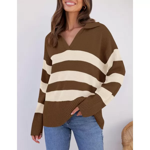 ZESICA Womens 2024 Winter Sweaters Lapel V Neck Long Sleeve Striped Chunky Knit Oversized Pullover Sweater Jumper TopsBrown