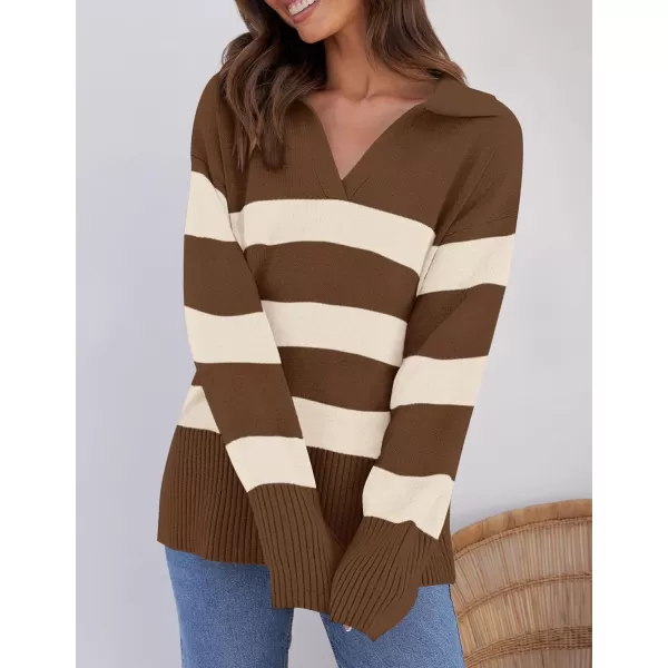 ZESICA Womens 2024 Winter Sweaters Lapel V Neck Long Sleeve Striped Chunky Knit Oversized Pullover Sweater Jumper TopsBrown