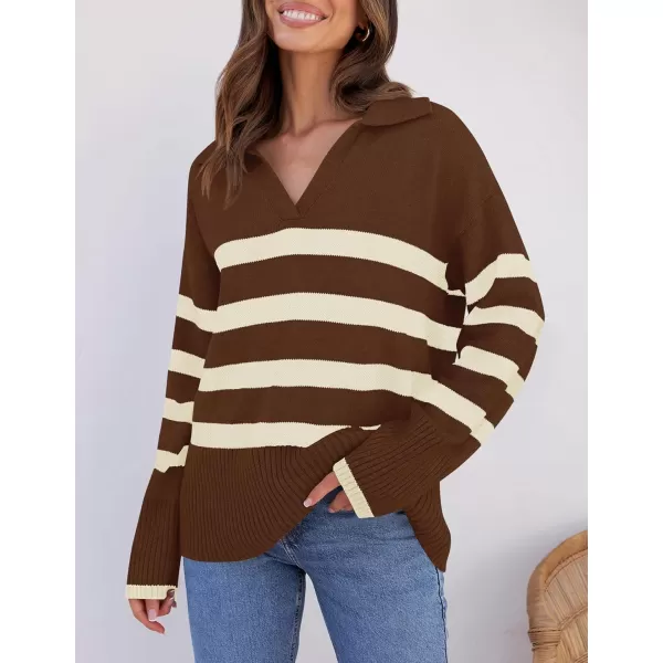 ZESICA Womens 2024 Winter Sweaters Lapel V Neck Long Sleeve Striped Chunky Knit Oversized Pullover Sweater Jumper TopsCoffee