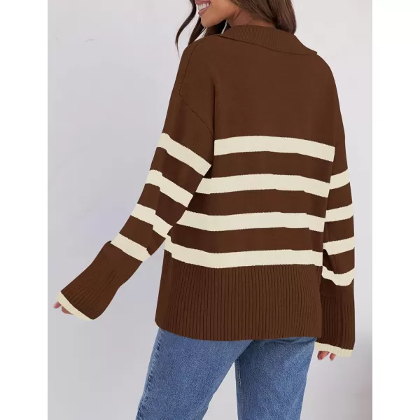 ZESICA Womens 2024 Winter Sweaters Lapel V Neck Long Sleeve Striped Chunky Knit Oversized Pullover Sweater Jumper TopsCoffee