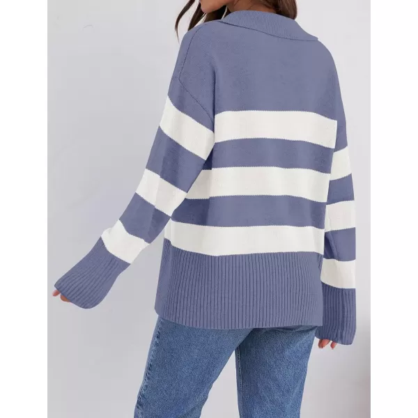 ZESICA Womens 2024 Winter Sweaters Lapel V Neck Long Sleeve Striped Chunky Knit Oversized Pullover Sweater Jumper TopsDustyblue