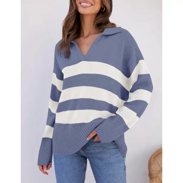 ZESICA Womens 2024 Winter Sweaters Lapel V Neck Long Sleeve Striped Chunky Knit Oversized Pullover Sweater Jumper TopsDustyblue