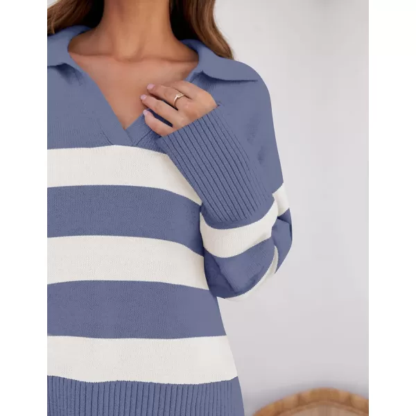ZESICA Womens 2024 Winter Sweaters Lapel V Neck Long Sleeve Striped Chunky Knit Oversized Pullover Sweater Jumper TopsDustyblue