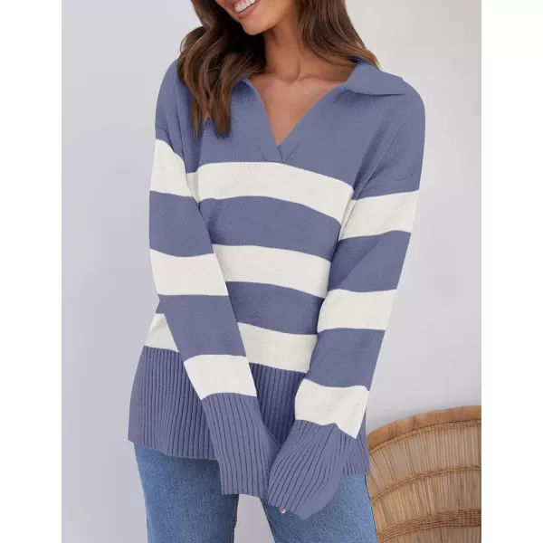 ZESICA Womens 2024 Winter Sweaters Lapel V Neck Long Sleeve Striped Chunky Knit Oversized Pullover Sweater Jumper TopsDustyblue