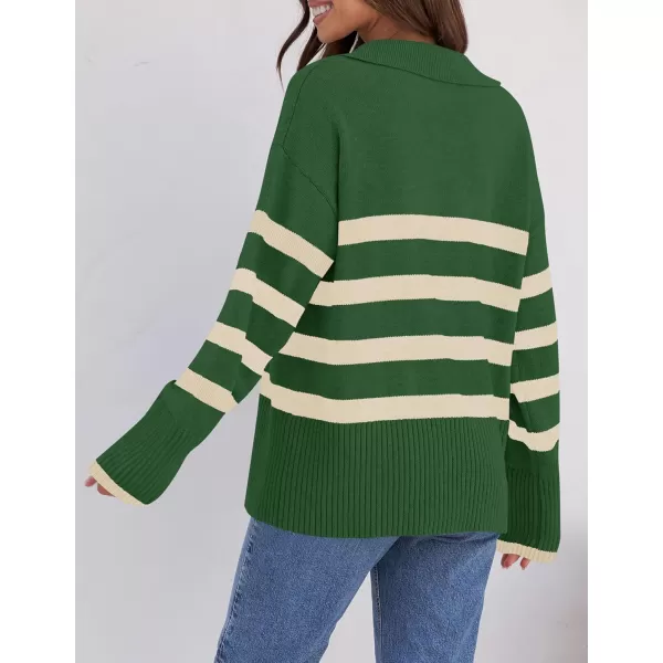 ZESICA Womens 2024 Winter Sweaters Lapel V Neck Long Sleeve Striped Chunky Knit Oversized Pullover Sweater Jumper TopsGreen