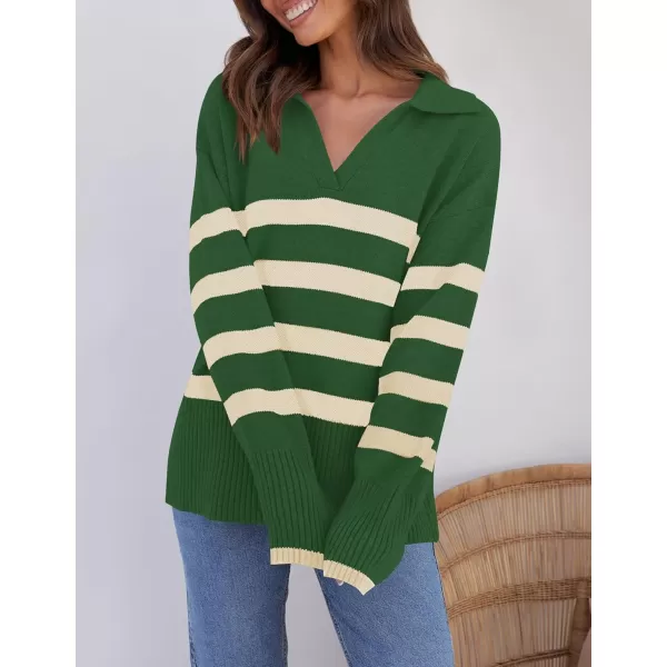 ZESICA Womens 2024 Winter Sweaters Lapel V Neck Long Sleeve Striped Chunky Knit Oversized Pullover Sweater Jumper TopsGreen