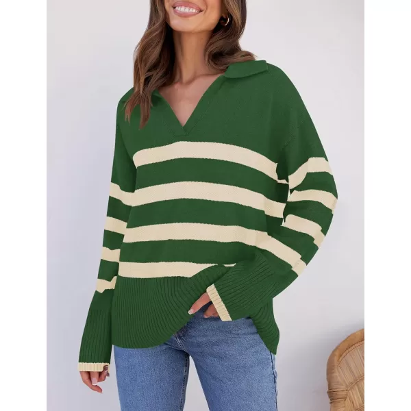 ZESICA Womens 2024 Winter Sweaters Lapel V Neck Long Sleeve Striped Chunky Knit Oversized Pullover Sweater Jumper TopsGreen