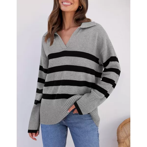 ZESICA Womens 2024 Winter Sweaters Lapel V Neck Long Sleeve Striped Chunky Knit Oversized Pullover Sweater Jumper TopsGrey