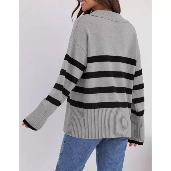 ZESICA Womens 2024 Winter Sweaters Lapel V Neck Long Sleeve Striped Chunky Knit Oversized Pullover Sweater Jumper TopsGrey