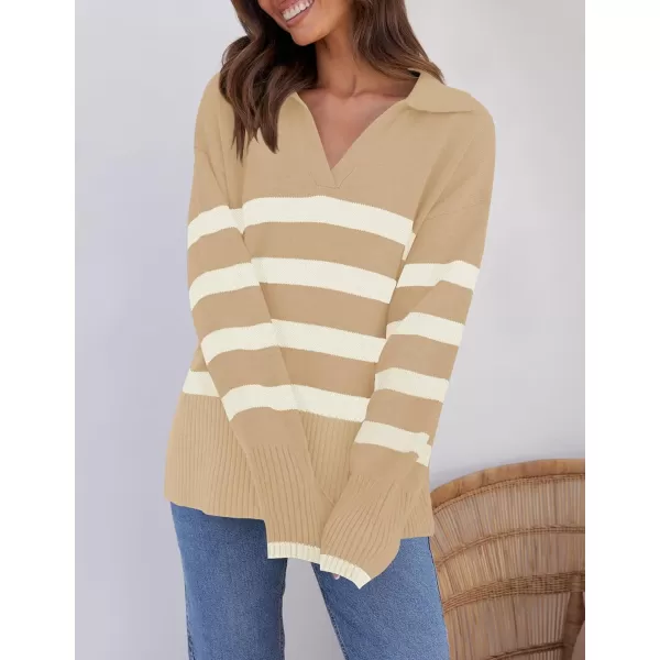 ZESICA Womens 2024 Winter Sweaters Lapel V Neck Long Sleeve Striped Chunky Knit Oversized Pullover Sweater Jumper TopsKhaki
