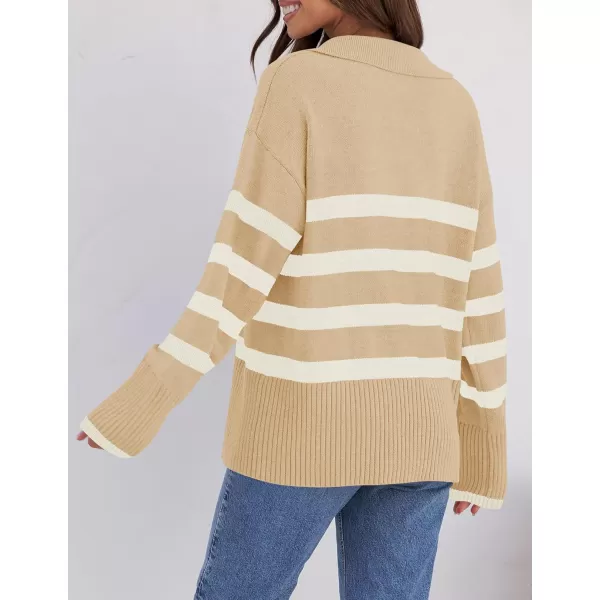 ZESICA Womens 2024 Winter Sweaters Lapel V Neck Long Sleeve Striped Chunky Knit Oversized Pullover Sweater Jumper TopsKhaki