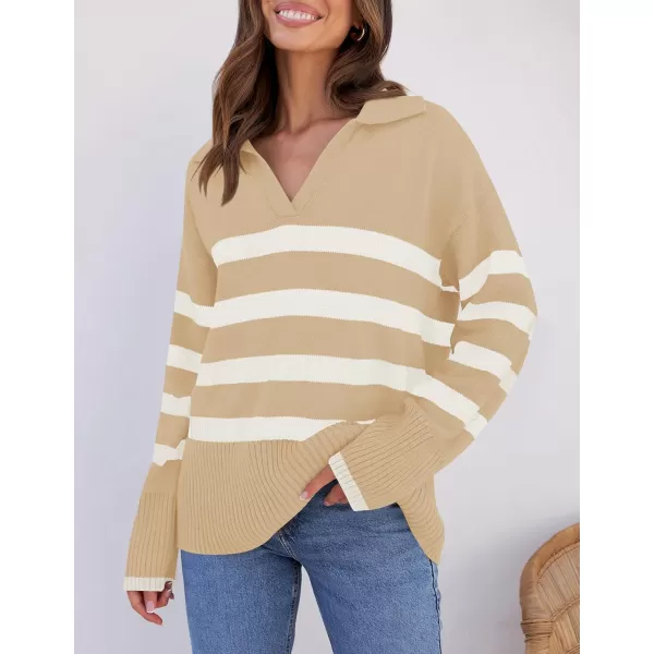 ZESICA Womens 2024 Winter Sweaters Lapel V Neck Long Sleeve Striped Chunky Knit Oversized Pullover Sweater Jumper TopsKhaki
