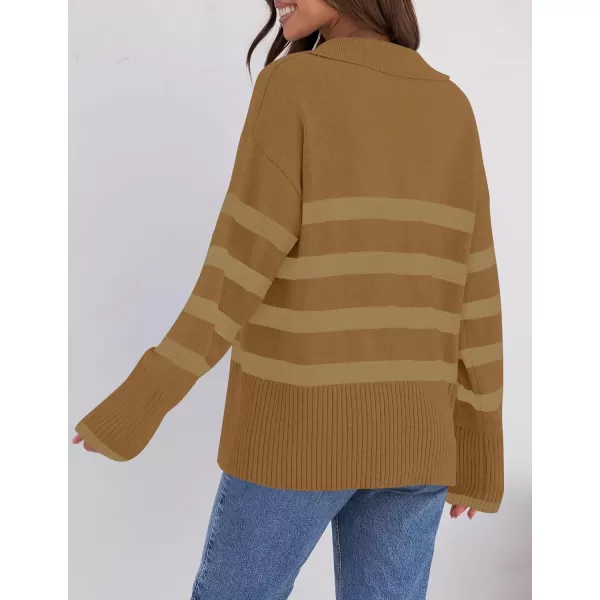ZESICA Womens 2024 Winter Sweaters Lapel V Neck Long Sleeve Striped Chunky Knit Oversized Pullover Sweater Jumper TopsMocha