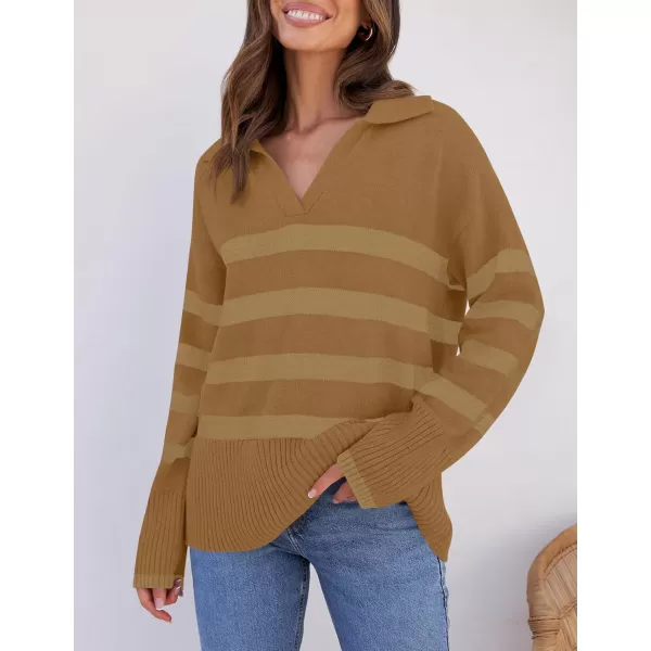 ZESICA Womens 2024 Winter Sweaters Lapel V Neck Long Sleeve Striped Chunky Knit Oversized Pullover Sweater Jumper TopsMocha