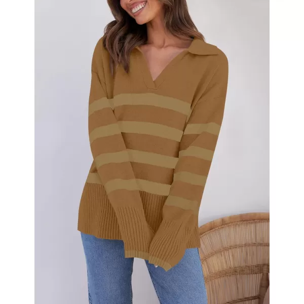 ZESICA Womens 2024 Winter Sweaters Lapel V Neck Long Sleeve Striped Chunky Knit Oversized Pullover Sweater Jumper TopsMocha