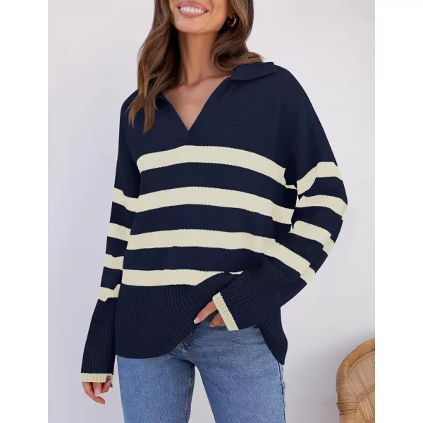 ZESICA Womens 2024 Winter Sweaters Lapel V Neck Long Sleeve Striped Chunky Knit Oversized Pullover Sweater Jumper TopsNavy
