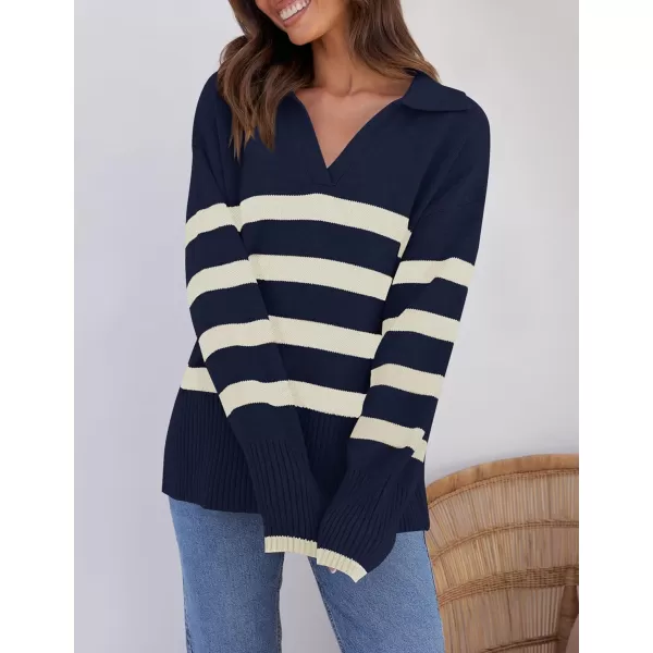 ZESICA Womens 2024 Winter Sweaters Lapel V Neck Long Sleeve Striped Chunky Knit Oversized Pullover Sweater Jumper TopsNavy