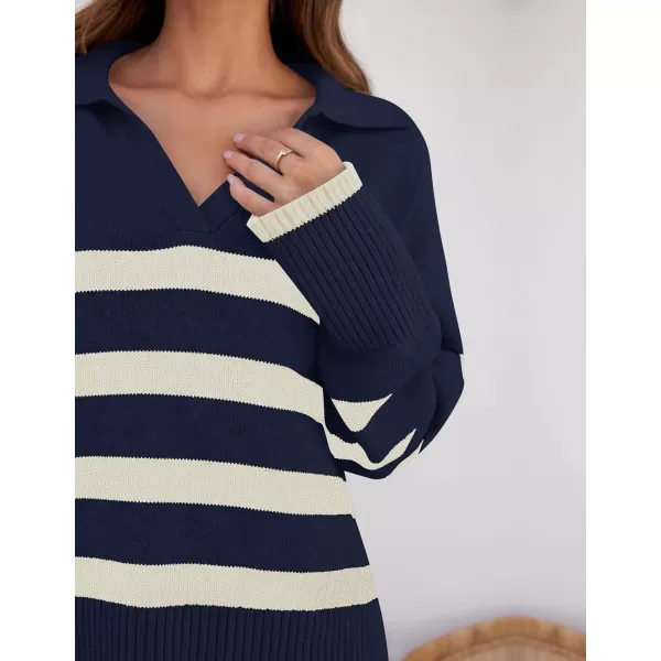 ZESICA Womens 2024 Winter Sweaters Lapel V Neck Long Sleeve Striped Chunky Knit Oversized Pullover Sweater Jumper TopsNavy