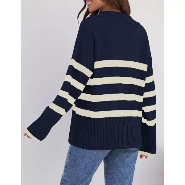 ZESICA Womens 2024 Winter Sweaters Lapel V Neck Long Sleeve Striped Chunky Knit Oversized Pullover Sweater Jumper TopsNavy