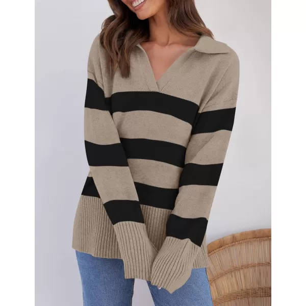 ZESICA Womens 2024 Winter Sweaters Lapel V Neck Long Sleeve Striped Chunky Knit Oversized Pullover Sweater Jumper TopsOatmeal