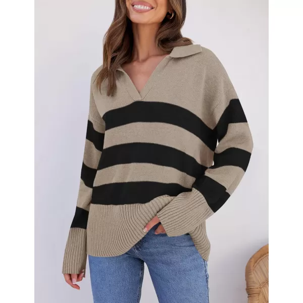 ZESICA Womens 2024 Winter Sweaters Lapel V Neck Long Sleeve Striped Chunky Knit Oversized Pullover Sweater Jumper TopsOatmeal