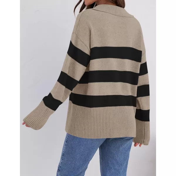 ZESICA Womens 2024 Winter Sweaters Lapel V Neck Long Sleeve Striped Chunky Knit Oversized Pullover Sweater Jumper TopsOatmeal