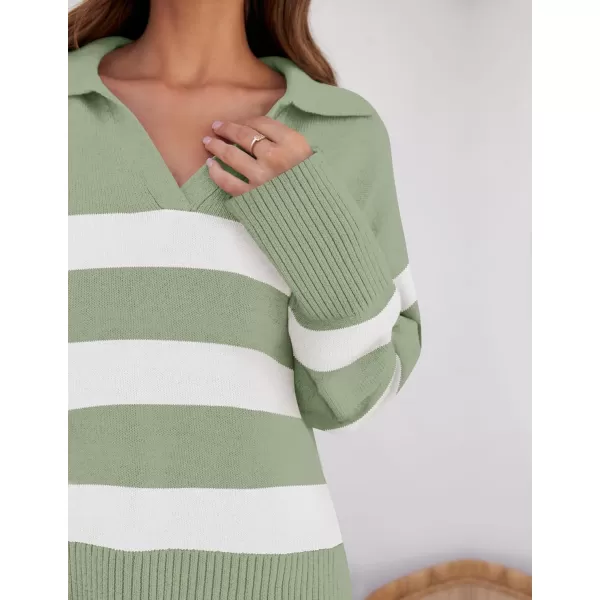 ZESICA Womens 2024 Winter Sweaters Lapel V Neck Long Sleeve Striped Chunky Knit Oversized Pullover Sweater Jumper TopsPeagreen