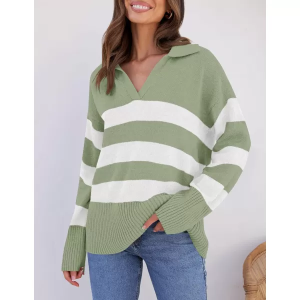 ZESICA Womens 2024 Winter Sweaters Lapel V Neck Long Sleeve Striped Chunky Knit Oversized Pullover Sweater Jumper TopsPeagreen